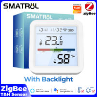 SMATRUL ZigBee 3.0 Wifi มิเตอร์ดิจิตัลเซ็นเซอร์วัดอุณหภูมิความชื้นอัจฉริยะ LCD ในร่มเครื่องวัดอุณหภูมิความชื้นในร่มเซนเซอร์มอเตอร์มีแสงไฟเครื่องวัดความชื้นการควบคุมเสียงการใช้พลังงานต่ำสำหรับ Alexa Google Home