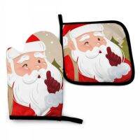 Cute Santa Claus Oven Mitt and Pot holder Set Heat Resistant Non Slip Kitchen Gloves with Inner Cotton Layer for Cooking Baking