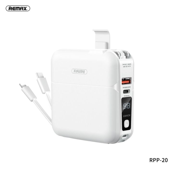 power-bank-15000-mah-remax-rpp-20-type-c-สะดวดพกพา-ชาร์จเร็วqc3-0-pd3-0-มีสายชาร์จในตัว-มีแท่นวางมือถือในตัว-ของแท้100