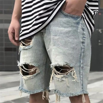 Idopy Mens ฤดูร้อน R Denim กางเกงขาสั้นชาย Ripped Street สไตล์ Vintage Hip Hop Hipster Big Hole Biker กางเกงยีนส์