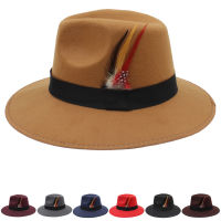 Men Women Woolen Panama Hats Wide Brim Fedora Caps Feather Band Trilby Sunhat Classical Party Street Style Size US 7 14 UK L