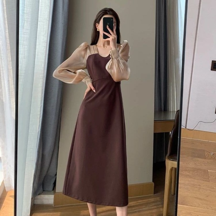 เกาหลีแฟชั่น-elegant-ตาข่าย-patchwork-แขนยาวสูงเอว-slim-a-line-robe-2022ฤดูร้อนใหม่-a-line-midi-vestidos-mujer