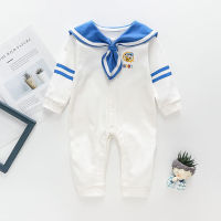 Lapel Navy New Born Unisex Bodysuits &amp; One-Pieces เด็กฤดูใบไม้ผลิฤดูใบไม้ร่วงเสื้อผ้าแขนยาว Romper ผ้าฝ้าย Outing เสื้อผ้า100วันภาพ Romper