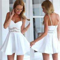 {Summer skirt} เดรสสีทึบฤดูร้อนของผู้หญิง2023แฟชั่นลูกไม้โปร่งเย็บชุดแบบชิ้นเดียวสายรัดพยุงสำหรับผู้หญิงเซ็กซี่