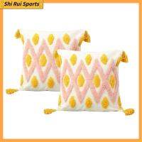 SHIRUI 2pcs 18X18นิ้ว ปลอกหมอนอิงโยน สีขาวสีชมพูสีเหลือง โบโฮ ปลอกหมอนทอลายกระจุก นุ่มนุ่มๆ พร้อมพู่ห้อย ปลอกหุ้มหลัง โซฟาที่นอนโซฟา