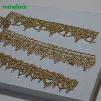 5YDS/LOT 3.5CM～4cm Wedding Dress Fluorescent Lace Applique Gold Thread Wavy-type Venice Lace Accessories Trim 2020606SOMELACE Fabric  Material