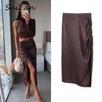 Za Brown Satin Midi Skirt y Ruched Asymmetrical Split Long Skirts ashion A Line Faldas Mujer Ladies Bottom Jupe Femme