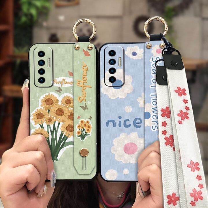 soft-dirt-resistant-phone-case-for-tecno-camon17p-cartoon-wrist-strap-wristband-kickstand-back-cover-ring-sunflower