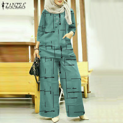 MOMONACO ZANZEA Muslimah Womens Muslim Islamic Outfit 3/4 Sleeve T Shirt Long Pants Retro Print Suit Set #50