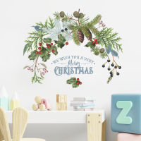 Merry Christmas Wall Sticker Pine Cone Branch Berries Green Plant Window Sticker Fridge Sticker Glass Door Mural Poster Christmas New Year