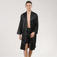 Black Solid Robe&amp;Shorts Men Pajamas Set Long Sleeve 2PCS Sleepwear Satin Silky Bathrobe Gown Male Sleep Set Kimono Gown