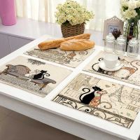 【LZ】℡♕  Bkack Cat Pattern Cotton Linen Pad Dining Table Mats Coaster Bowl Cup Mat Pattern Kitchen Placemat 42x32cm Home Decor MA0125