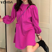 (3 Days Delivery) VONDA ชุดเดรสแขนยาวคอกลมสำหรับผู้หญิง,ชุดเดรสวันหยุดย้อนยุคหรูหราแขนยาวแบบเกาหลี (สาเหตุเกาหลี)