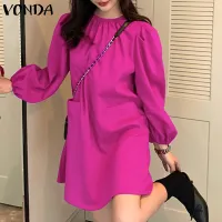 VONDA Womens O Neck Shirt Dress Long Sleeve Elegant Retro Sundress Holiday Dress (Korean Causal)