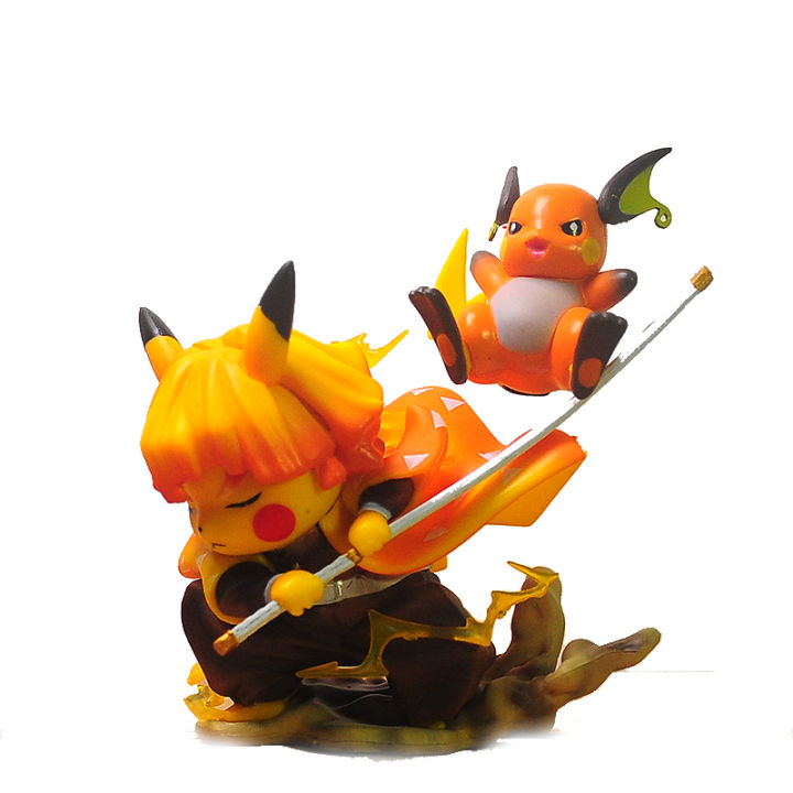 new-pikachu-cosplays-agatsuma-zenitsu-with-raichu-action-figures-pvc-10cm-model-pokemon-demon-slayer-doll-anime-toys-for-kid