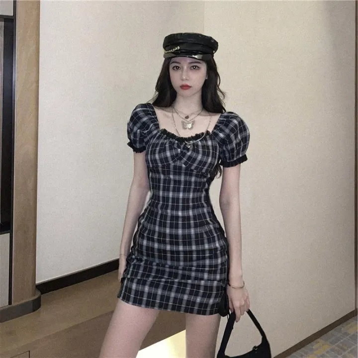 Women Retro Korean Style Puff Sleeve Mesh Stitching Plaid Dress | Lazada PH