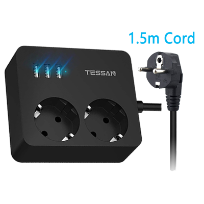 TESSAN EU Multi Power Strip with 2 Outlets 3 USB Ports 1.5M Cord Extension Travel Portable Power Socket Overload Protection Home