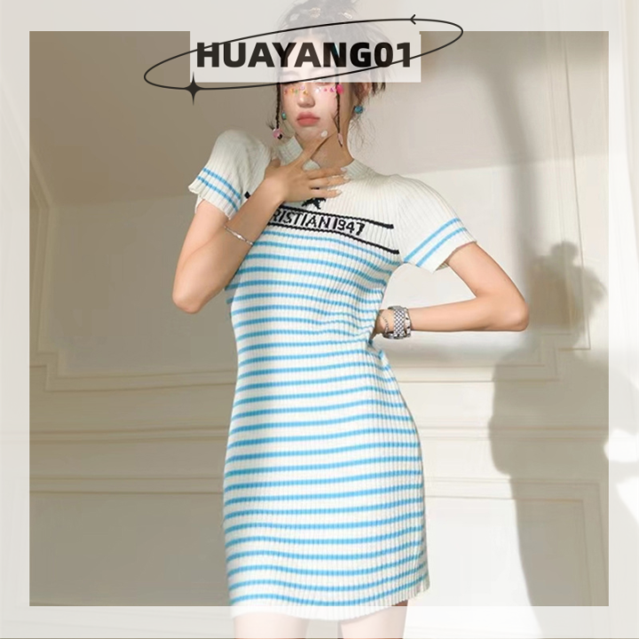 huayang01-2023-new-hot-fashion-lazlook-เดรสมินิเดรสลำลองแขนสั้นพิมพ์ลายทางสำหรับผู้หญิงฤดูร้อน