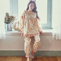 Women Cute Floral Lace Pajama Sets.Vintage Ladies Girls Long sleeve Princess Pyjamas Set.Flowers Sleep Loungewear Nightclothes