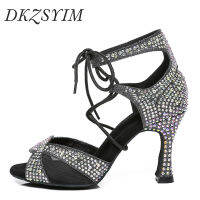 DKZSYIM Rhinestone ผู้หญิงรองเท้าเต้นรำละติน Salsa รองเท้าบอลรูมคิวบาส้นสูง5-8.5ซม. คุณภาพสูง Lace Up Dance รองเท้า