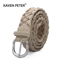 Men Suede Leather Knitted Belt With Wax Rope Braided Strap Antique Silver Buckle Without Holes Cotton Weave Handwork Belts Beige Belts