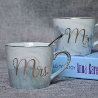 Ceramic Mug Marble Pattern Mr Mrs Printed Couple Cup Breakfast Juice Milk Cups(without Spoon)