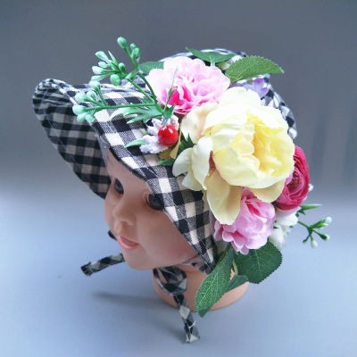 [COD] หมวกทรงกระถางลายดอกไม้รุ่นใหม่สไตล์เกาหลี สีดำและสีขาวลายสก๊อตป่าเจ้าหญิง หมวกปีกสั้นดอกไม้ฤดูใบไม้ผลิและฤดูร้อนสดใส