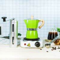 (สีเขียว) กาต้มมอคค่าพอท moka pot ลายไม้ + เตามินิไฟฟ้าสีขาว 500w + เครื่องบดมือหมุน + 2-1 ช้อนหนีบ