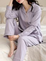 geegostudio Simple Solid Pajama Set, Long Sleeve Lapel Buttons Top &amp; Elastic Waistband Pants, Womens Sleepwear &amp; Loungewear