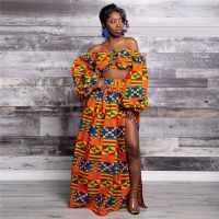 【YF】 African Dresses for Women Autumn 2-piece Set Lady Full Sleeve Shoulder Off Festher Dashiki Print Split Skirts Africna Clothes