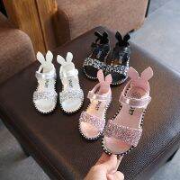 Children Sandals For Toddlers Girl Big Girls Kids Beach Shoes Cute Sweet Princess Rhinestone With Rabbit Ear Soft Fashion 21-36