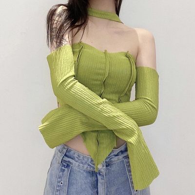 Women’s Casual Long Sleeve T-shirt Fashion Solid Color Boat Neck Exposed Navel Halter Tops V728