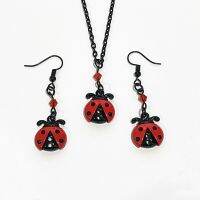 Hot 1 set Black Ladybug metal Necklace &amp; Earrings with Red Crystal Beads, charm