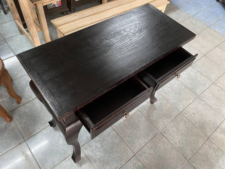 ประกอบแล้ว-โต๊ะไม้สัก-สีโอ๊ค-โต๊ะวางพระ-โต๊ะทำงานไม้สัก-สูง-80x90x40-cm-ชั้นวางทีวีไม้สัก-ขากวาง-โต๊ะชิดผนัง-โต๊ะวางของ-teak-wooden-table-oak-color