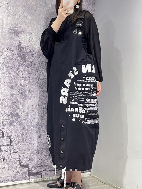 xitao-dress-loose-contrast-color-letter-print-denim-strap-dress