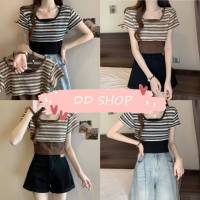 DD SHOPพร้อมส่ง DY702 เซ็ต2ชิ้น เสื้อคล้องคอไหมพรม+ครอปสั้น ลายทาง -C