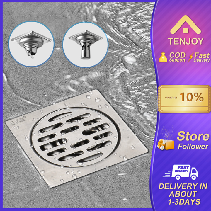 TENJOY Bathroom Floor Drain Stainless Steel 4x4 inch Backflow Preventer