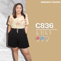 C836 เสื้อสาวอวบผ้าไหมอิตาลีคอวีแต่งระบายผูโบว์ลายกุหลาบ ยาว28