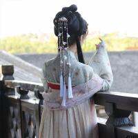 Hanfu ผ้าไหมพู่กิ๊บติดผมยาวสไตล์โบราณที่สวยงามเครื่องประดับผมคลิปดอกไม้สุดๆเครื่องประดับผมมุก