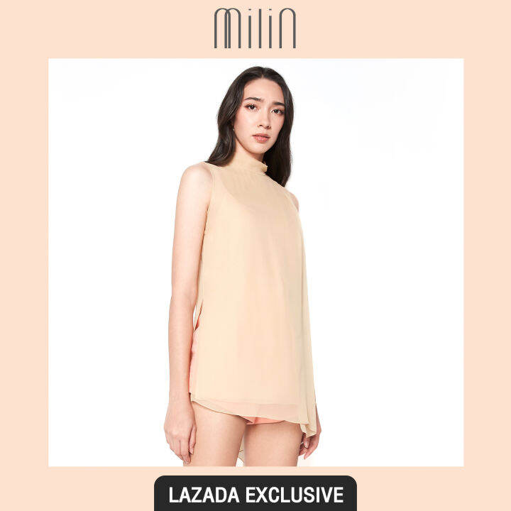 exclusive-milin-sheer-chiffon-ribbon-on-shoulder-high-neck-sleeveless-tunic-เสื้อแขนกุด-คอสูง-ทรงปล่อย-ดีเทลสายยาวบริเวณไหล่-ผ้าชีฟอง-villa-top