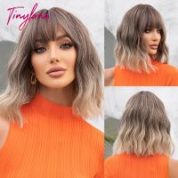 【jw】❀┋☂ Short Curly Ash Bob Synthetic Wigs With Bangs Gray Blonde Hair for Resistant