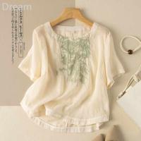 Short Sleeve heavy industry embroidered Ramie top artistic retro round neck loose high-end cotton and linen T-shirt new women V729