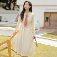 College Preppy Long Sleeve Dress Women A-line Tender Young Trendy Gentle Vintage Classic Ins All Match Ladies OL Simple with Tie