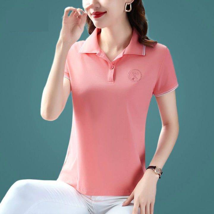 เสื้อโปโลแขนลำลองขาสั้นสำหรับผู้หญิงอายุกลาง-สามารถสวมใส่ได้100กก-ฉบับภาษาเกาหลีเสื้อเชิ้ตพลัสไซส์โปโลธรรมดาเสื้อยืดมีปกเสื้อเสื้อแฟชั่นใหม่