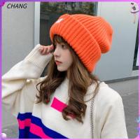 CHANG หมวกถักด้วยไหมพรมอบอุ่นสำหรับฤดูหนาวหมวกลำลองนุ่มหมวกสกีสีทึบลำลองของผู้หญิง