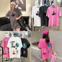 เสื้อยืViviennebullioteeทรงoversizeผ้าฟอกงานเกาด้านหน้าเป็นลายรีดกำมะหยี่เย็บบัคทอง