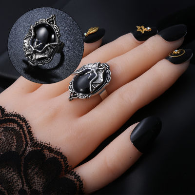 OKDEALS แหวนแม่มดโกธิคแหวนแฟชั่นสตรีสีดำปรับได้สำหรับเป็นของขวัญเทศกาลปาร์ตี้เครื่องประดับฮาโลวีนค้างคาว