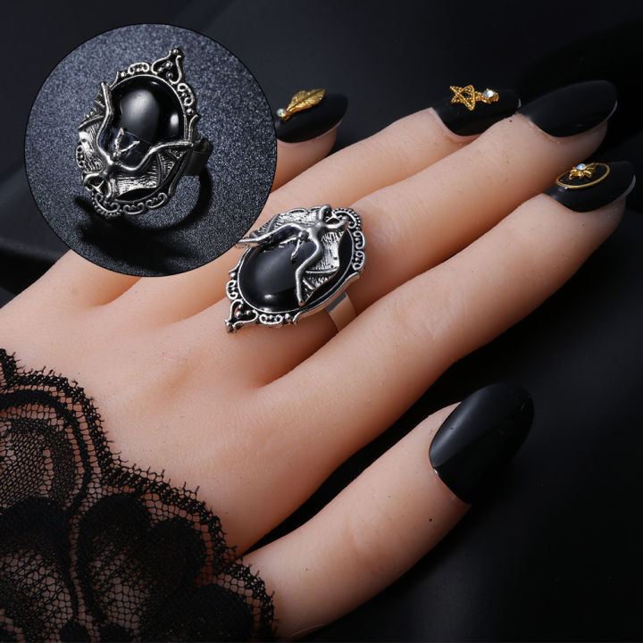 okdeals-แหวนแม่มดโกธิคแหวนแฟชั่นสตรีสีดำปรับได้สำหรับเป็นของขวัญเทศกาลปาร์ตี้เครื่องประดับฮาโลวีนค้างคาว
