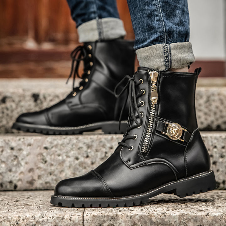 HOT ○306 Men's Fashion Motorcycle Boots Casual Round Toe Biker Boots Autumn  PU Leather Lace-up Martin Boots Outdoor Zip High Tops Shoes Black |  