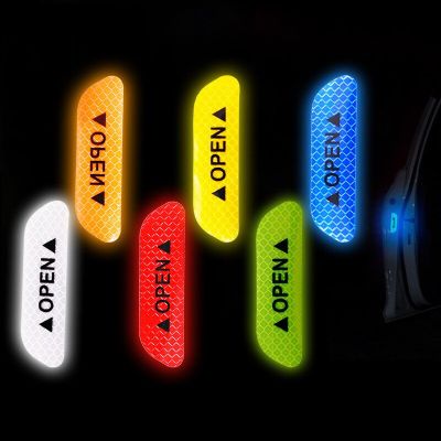 4Pcs Car Door Stickers Universal Safety Warning Mark OPEN Reflective Tape Bike Helmet Sticker Night Anti-collision Prompt Decor Adhesives Tape